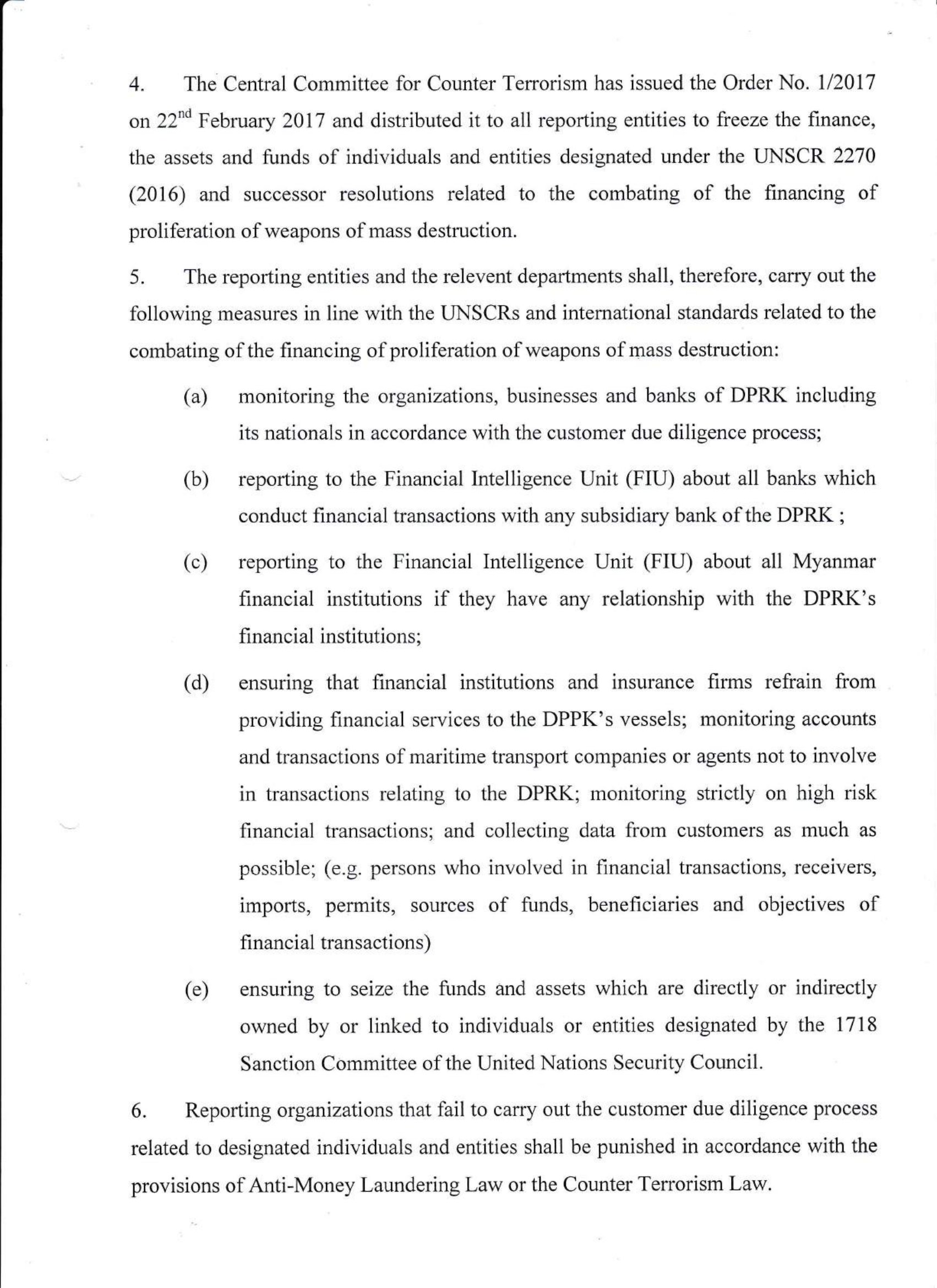 CCCT proliferation order (1 2018) (UNSCR 2270)